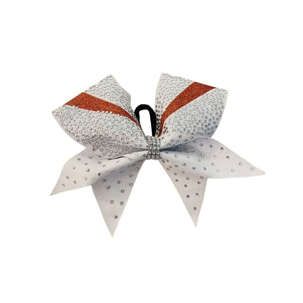 Girls Oversize Hair Bow 7" Elastic Ponytail Holder White Orange Bejeweled